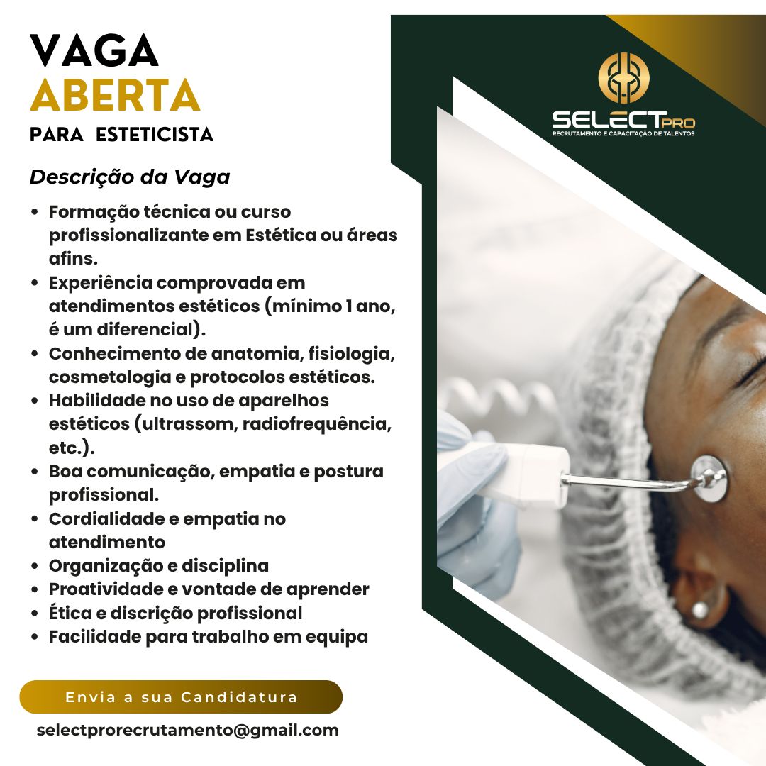 VAGA ABERTA PARA ESTETICISTA