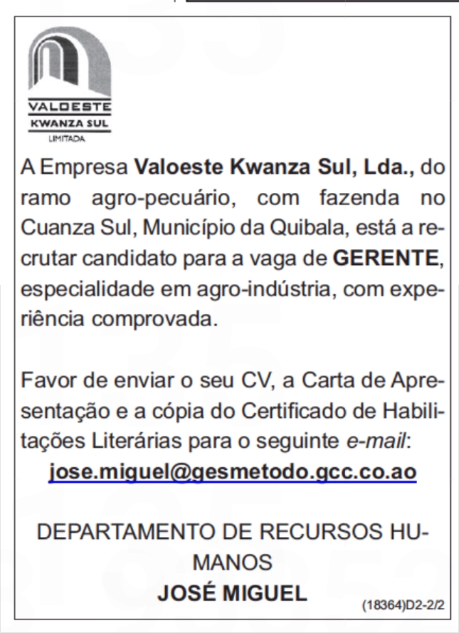 VAGA PARA GERENTE (ESPECIALIDADE EM AGRO-INDÚSTRIA)