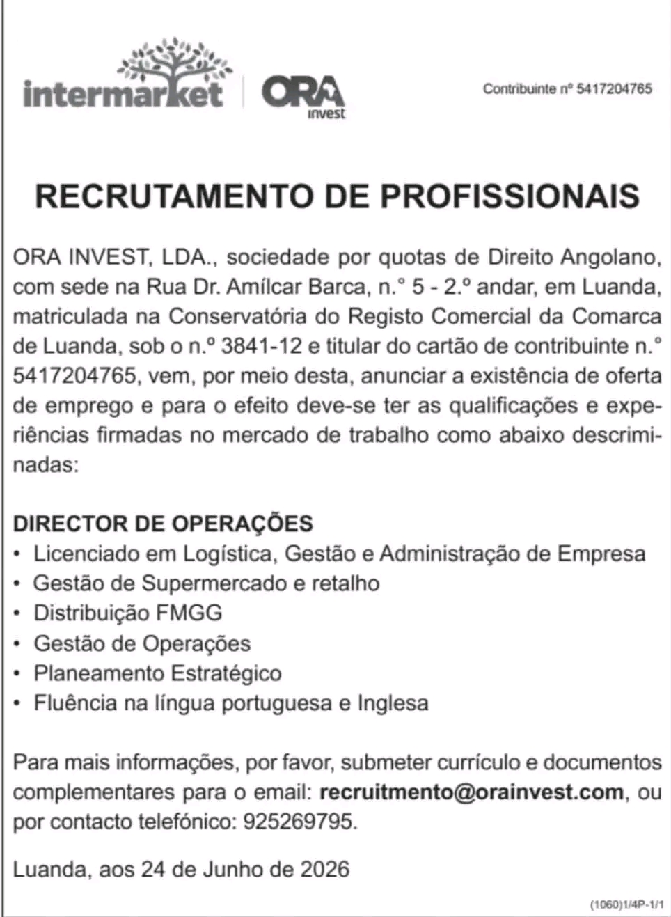 Vaga para Director de Operações