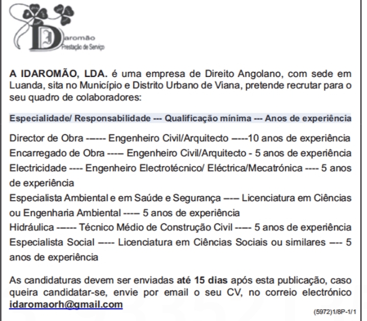 OPORTUNIDADE DE EMPREGO NA IDAROMÃO LDA