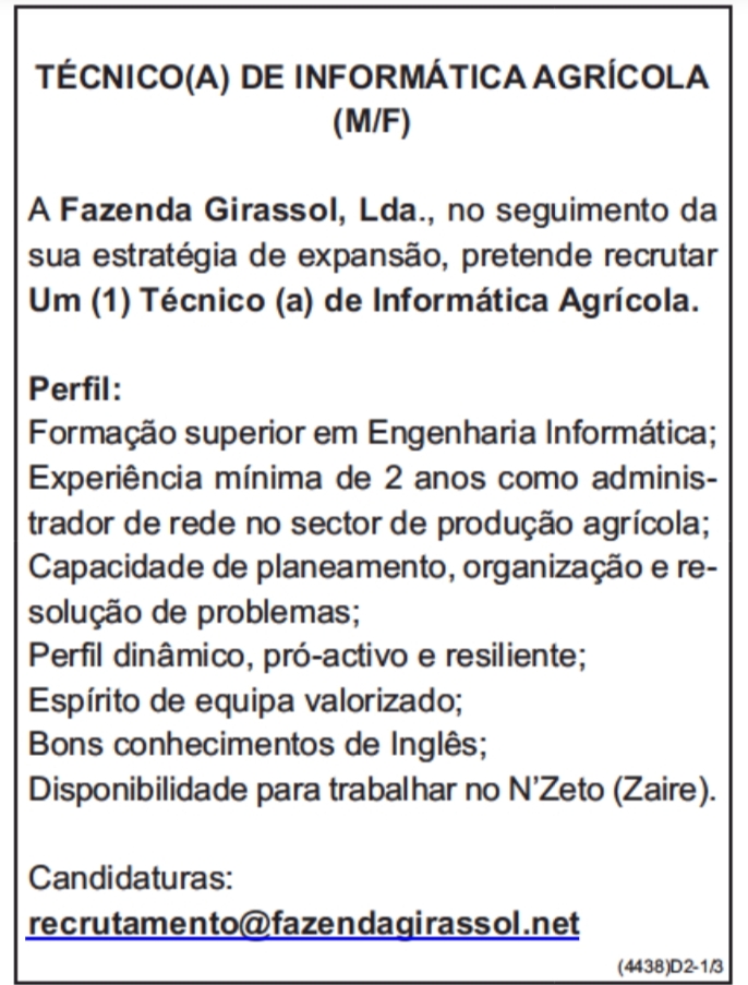 VAGA PARA TÉCNICO(A) DE INFORMÁTICA AGRÍCOLA (M/F) 
