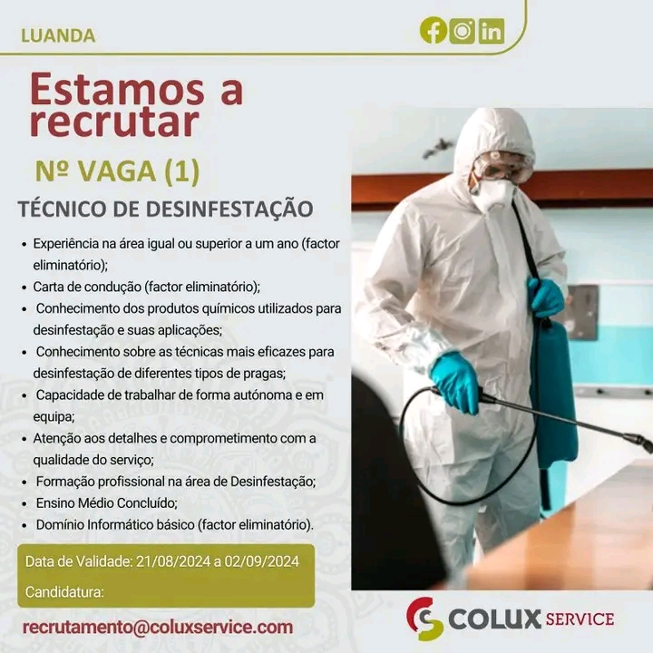 Vaga para um(1) Técnico de Desinfestação