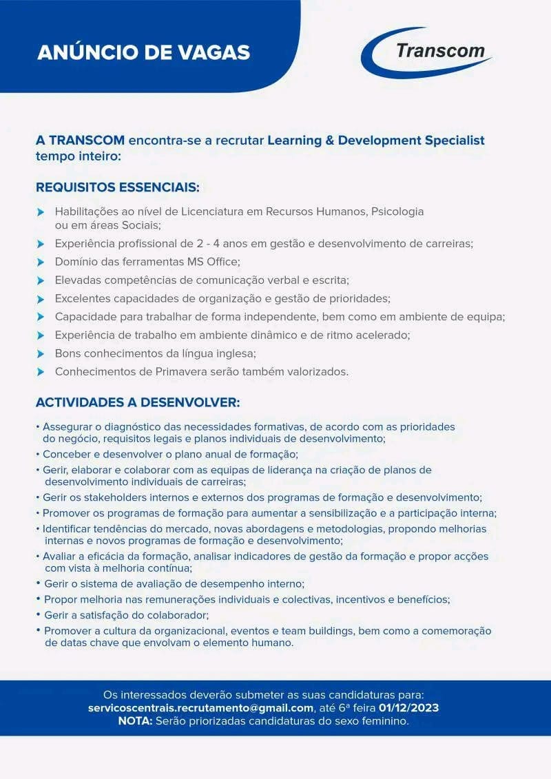 RECRUTAMENTO para Learning & Development Specialist tempo