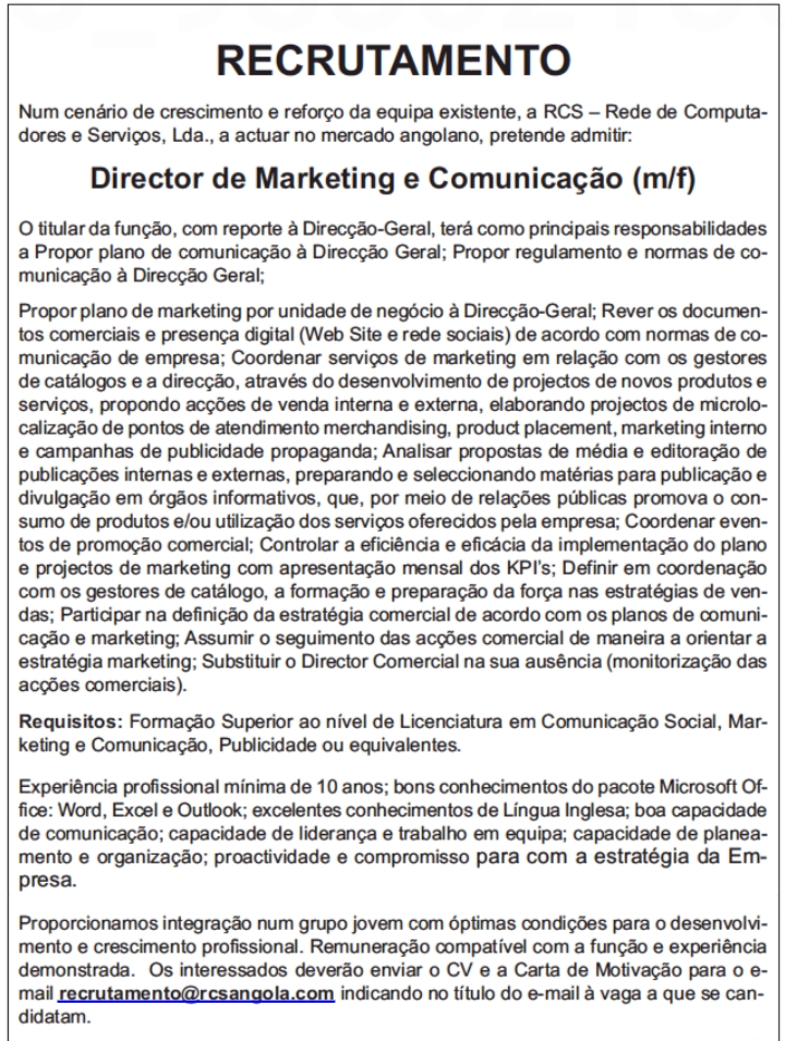 Vaga para Director de Marketing e Comunicação (m/f) 