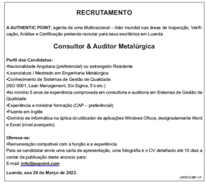 Vaga para Consultor & Auditor Metalúrgica 
