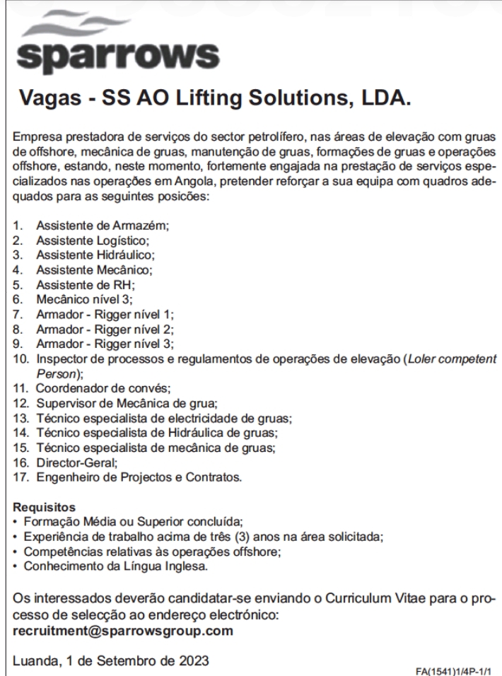 Abertas dezessete(17) vagas na sparrows