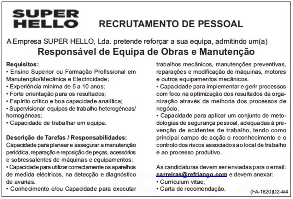 Vaga para Responsável de Equipa de Obras e Manutenção