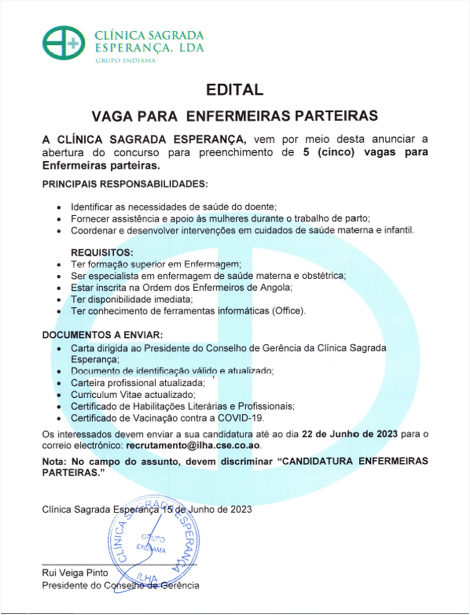 CINCO(5) VAGAS DISPONÍVEIS PARA ENFERMEIRAS PARTEIRAS