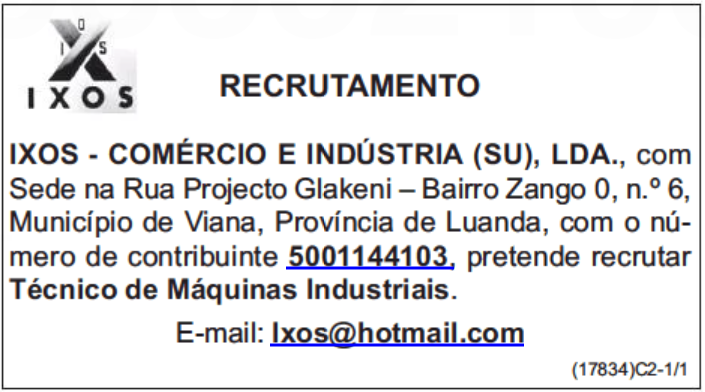 VAGA PARA TÉCNICO DE MÁQUINAS INDUSTRIAIS 