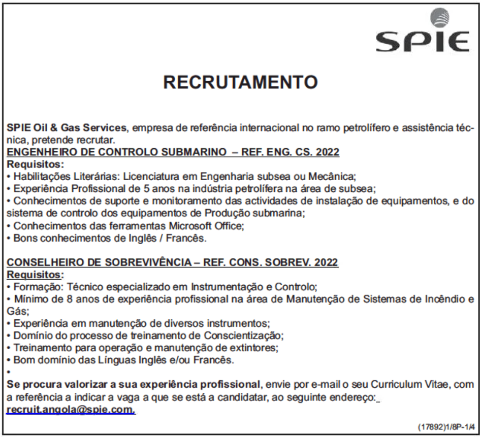 A SPIE OIL  & GAS SERVICES  ABRE DUAS (2) VAGAS 