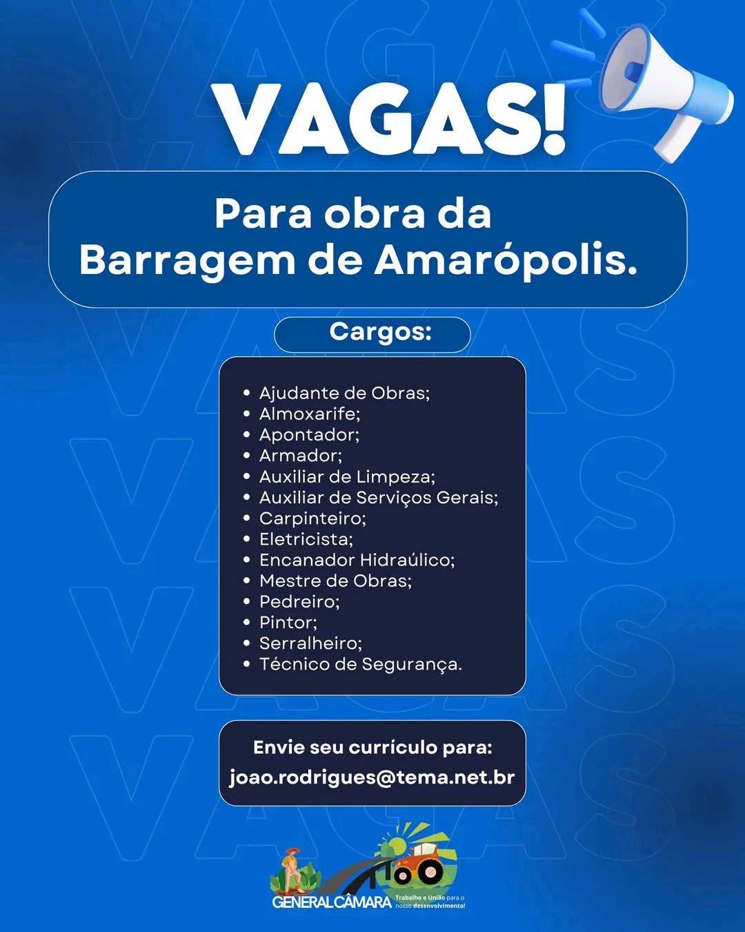 Vagas para Obra da Barragem de Amarópolis — 14 Cargos