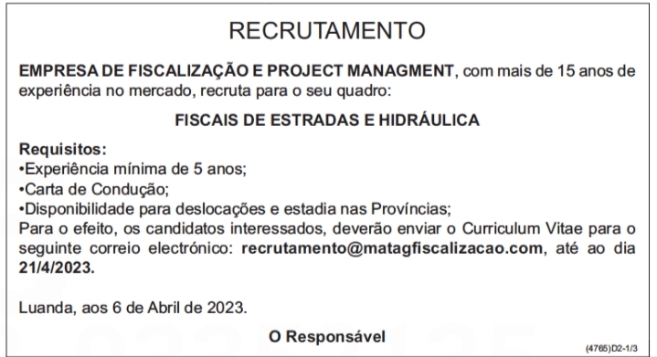 VAGA PARA FISCAIS DE ESTRADAS E HIDRÁULICA