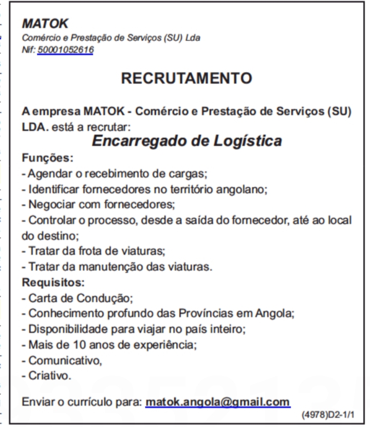 Vaga para Encarregado de Logística 