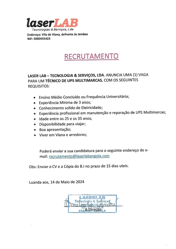 UMA (1) VAGA PARA UM TÉCNICO DE UPS MULTIMARCAS