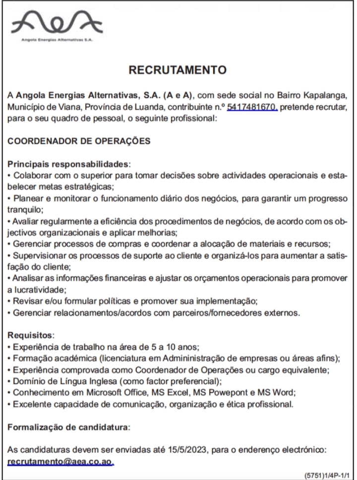 VAGA PARA COORDENADOR DE OPERAÇÕES