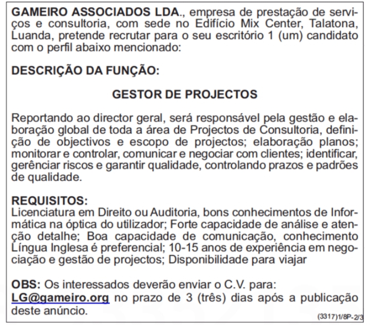 VAGA PARA GESTOR DE PROJECTOS 