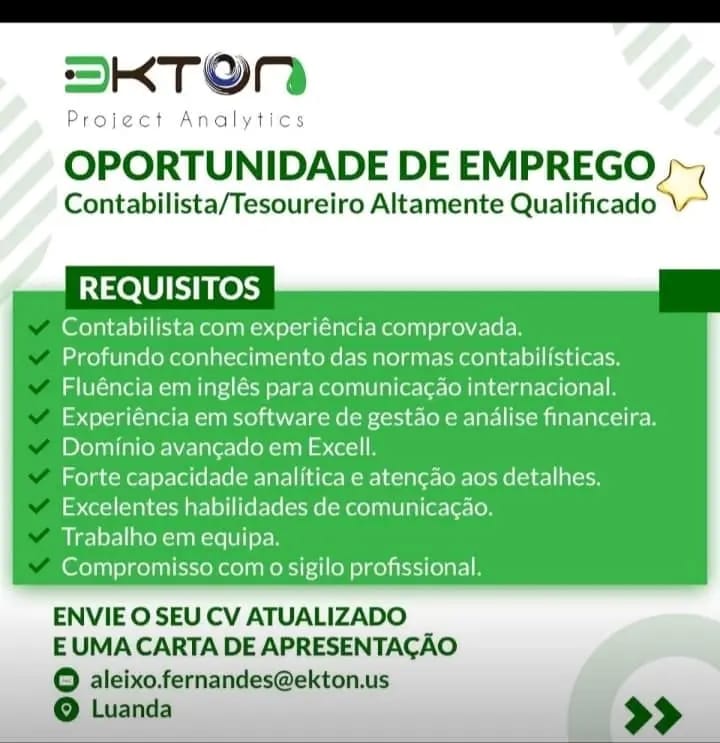 Vaga para Contabilista/Tesoureiro Altamente Qualificado 