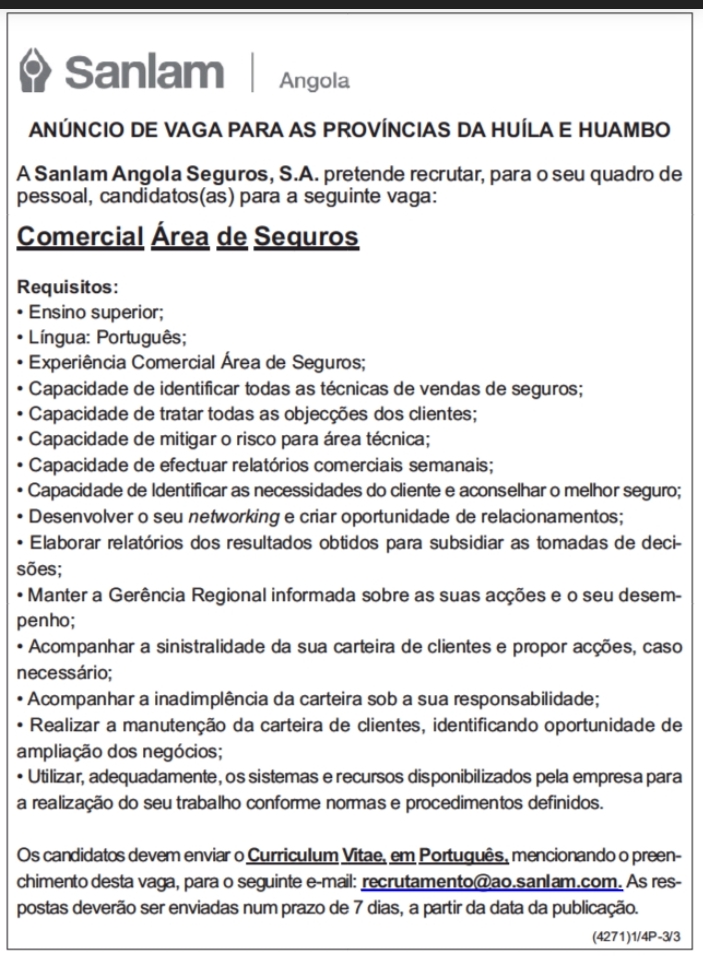 Vaga para Comercial (Área de Seguros) 