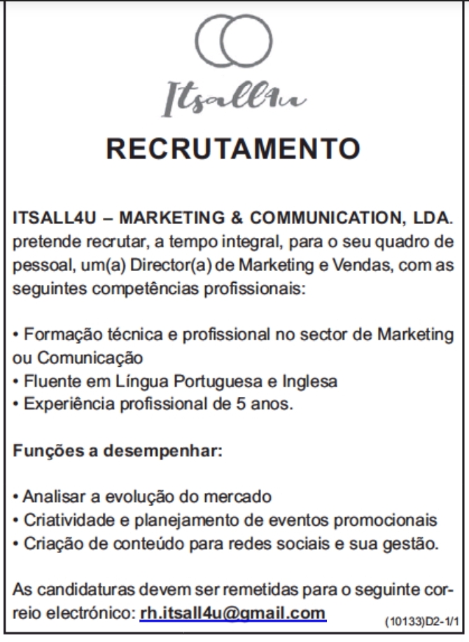 Vaga para um(a) Director(a) de Marketing e Vendas