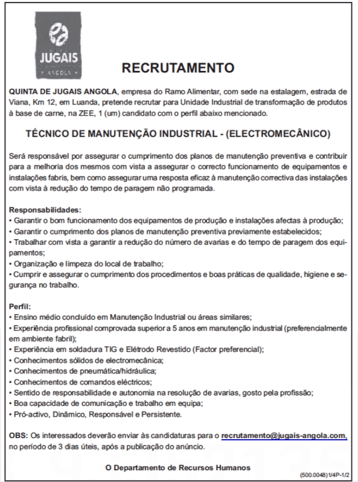VAGA PARA UM (1) TÉCNICO DE MANUTENÇÃO INDUSTRIAL - (ELECTROMECÂNICO) 