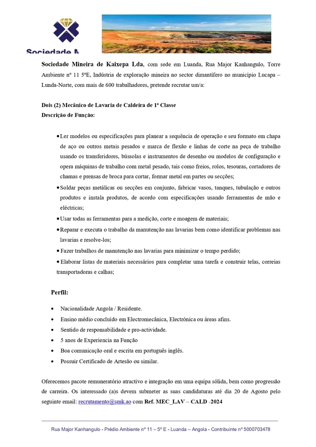 Vaga para Dois (2) Mecânico de Lavaria de Caldeira de 1ª Classe