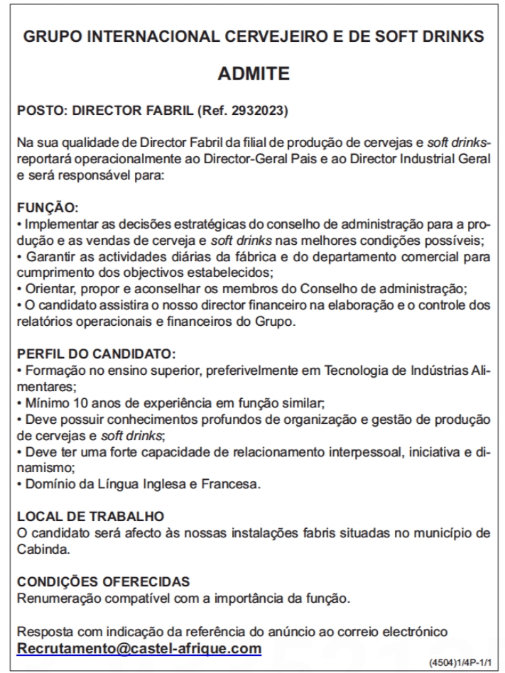 VAGA PARA DIRECTOR FABRIL (Ref. 2932023) 