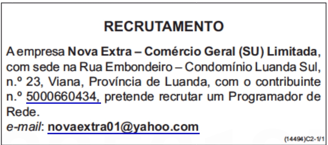VAGA PARA PROGRAMADOR DE REDE