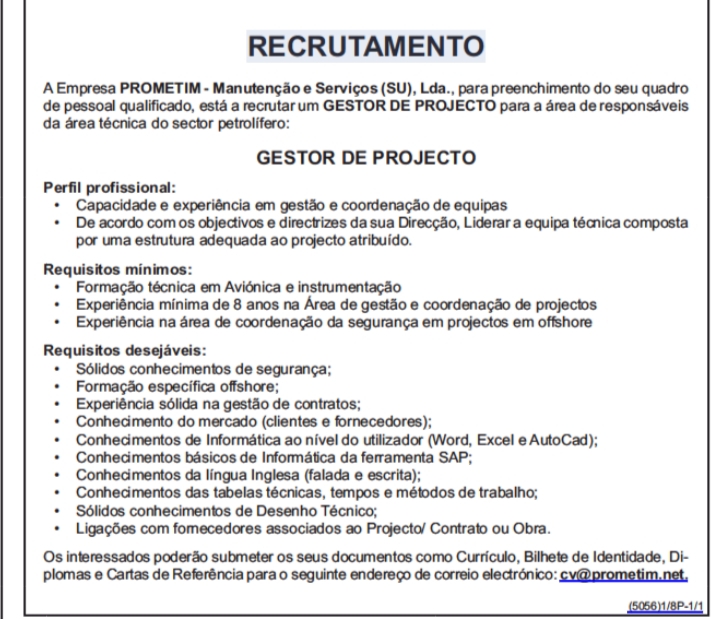 VAGA PARA GESTOR DE PROJECTO 