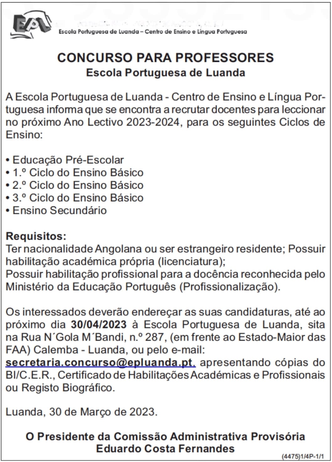 RECRUTAMENTO DE PROFESSORES NA ESCOLA PORTUGUESA DE LUANDA