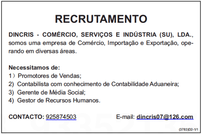 QUATRO (4) VAGAS PARA PROMOTORES DE VENDA, CONTABILISTAS, GESTOR DE RH E GESTOR DE MÉDIA SOCIAL