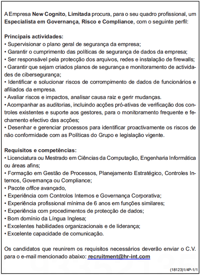 VAGA PARA UM (1) ESPECIALISTA EM GOVERNANÇA (RISCO E COMPLIANCE)