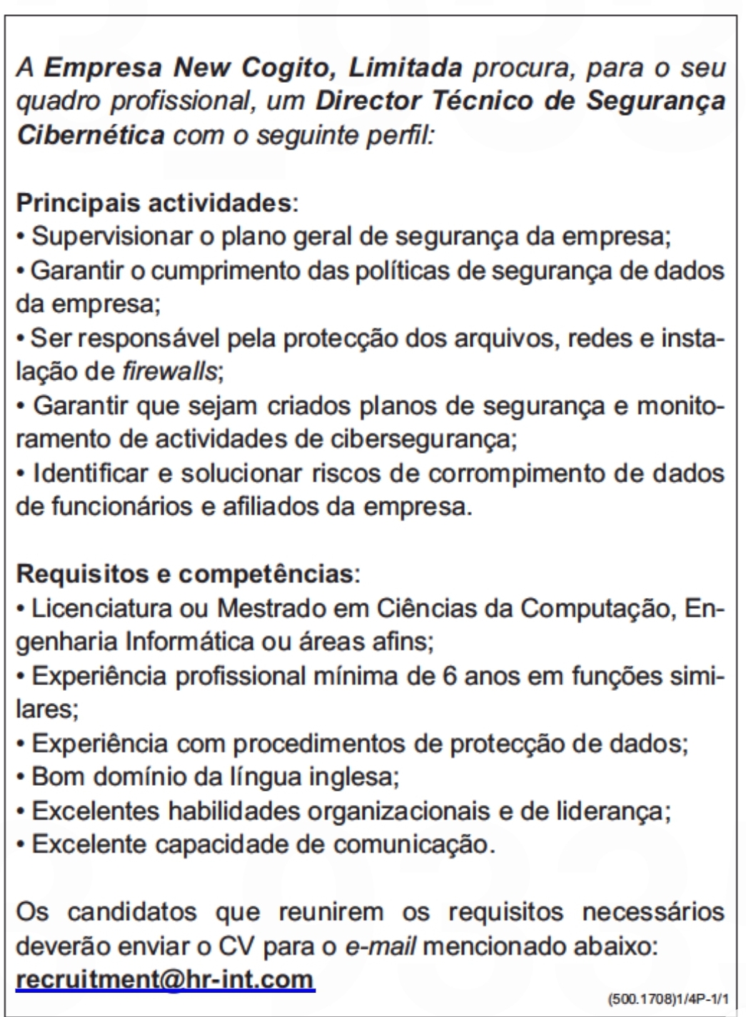 Vaga para Director Técnico de Segurança Cibernética