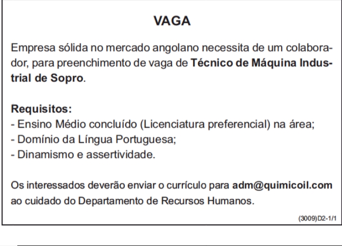 Vaga para Técnico de Máquina Industrial de Sopro