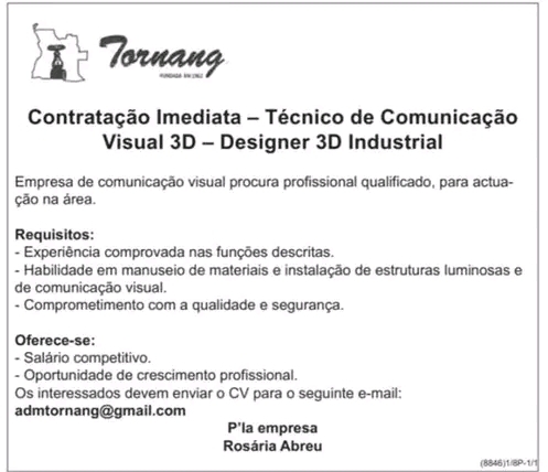 Vaga para Técnico de Comunicação Visual 3D - Designer 3D Industrial