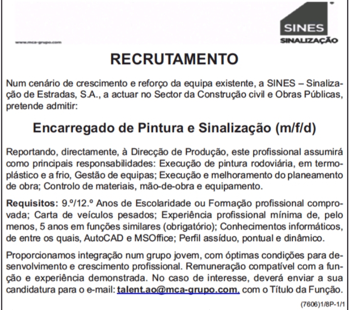 Vaga para Encarregado de Pintura e Sinalização (m/f/d) 