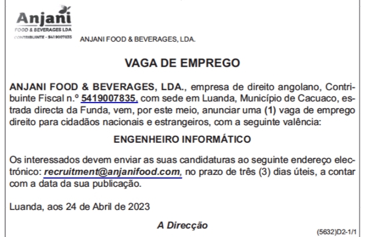 VAGA PARA UM (1) ENGENHEIRO INFORMÁTICO 