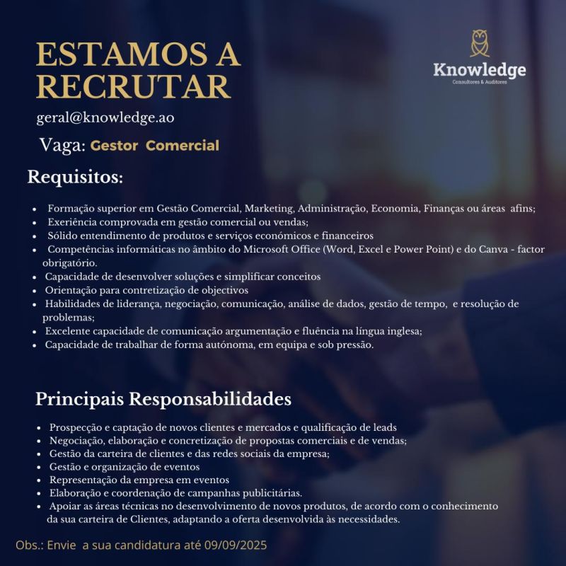 Vaga para Gestor Comercial