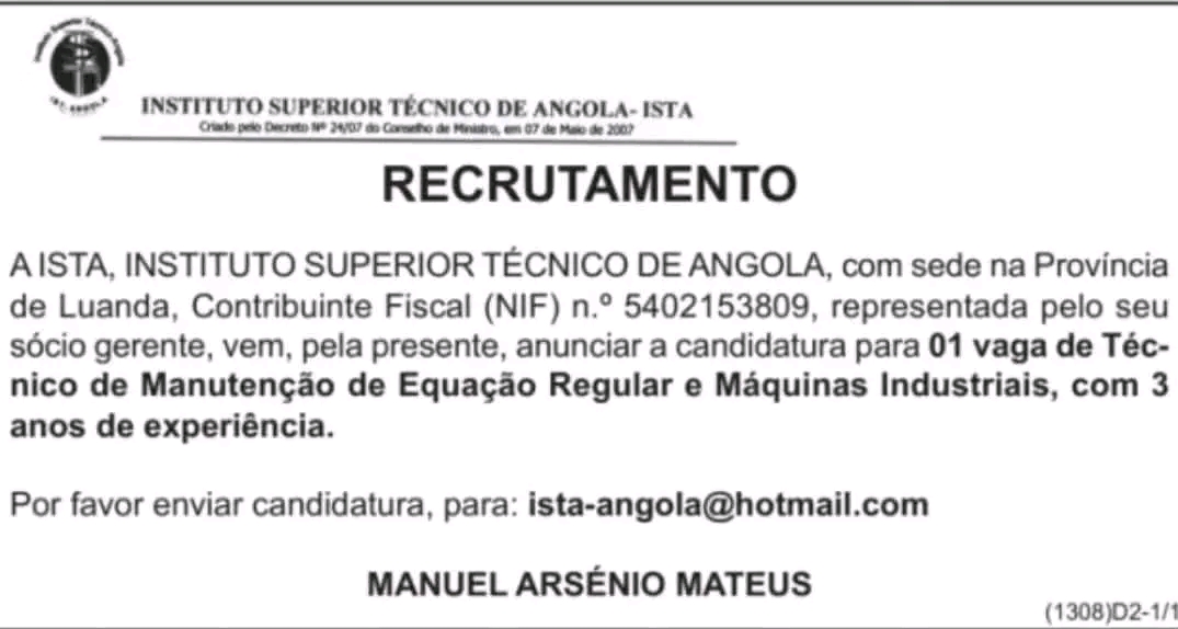 Vaga para Técnico de Manutenção de Equação Regular e Máquinas Industriais