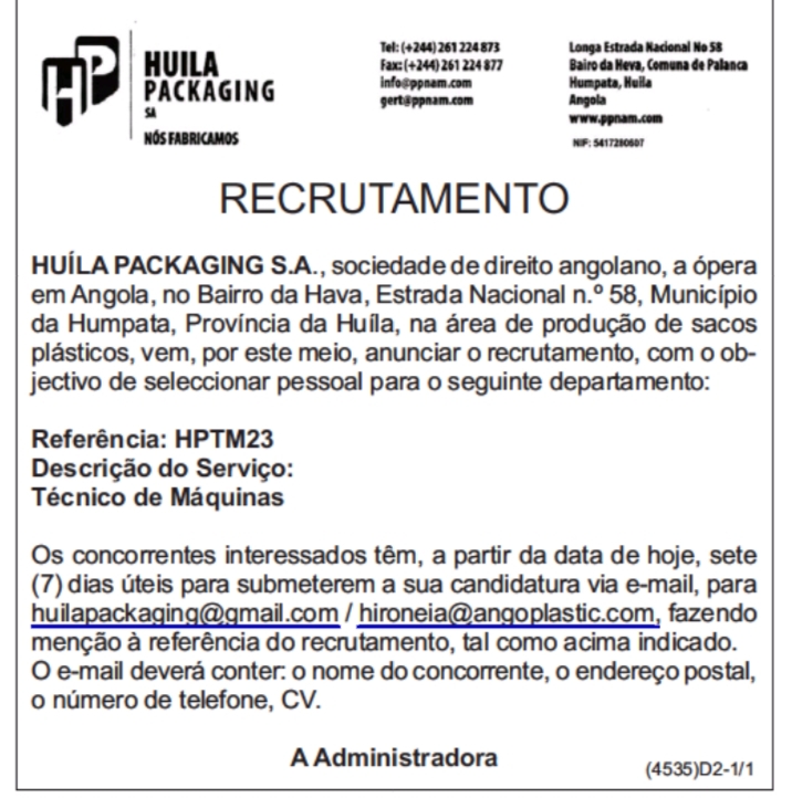 Vaga para Técnico de Máquinas 
