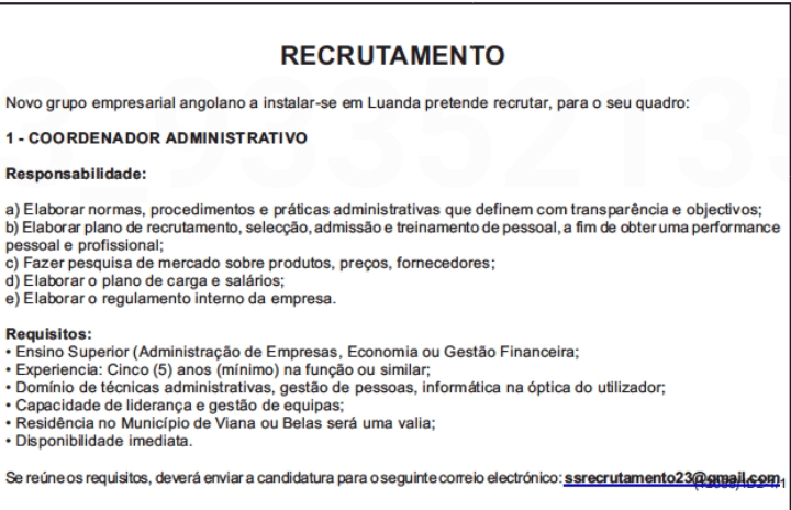 VAGA PARA COORDENADOR ADMINISTRATIVO 