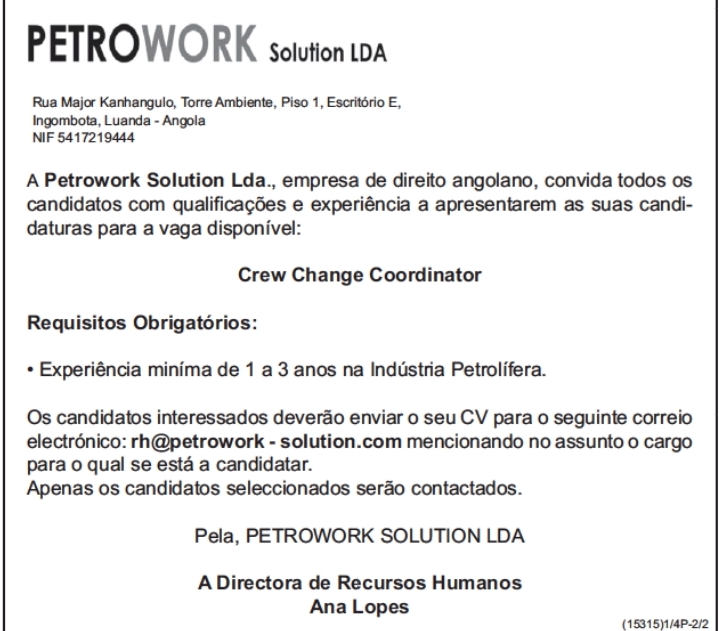 Vaga para Crew Change Coordinator 
