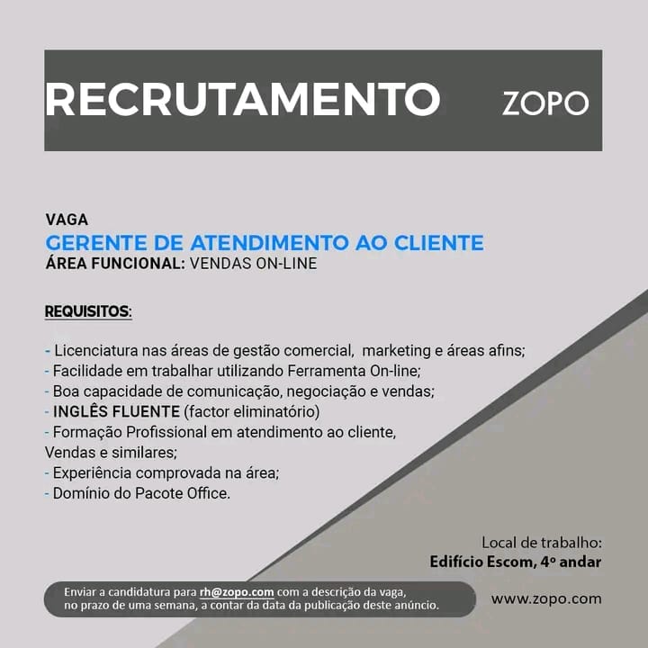 VAGA PARA GERENTE DE ATENDIMENTO AO CLIENTE 