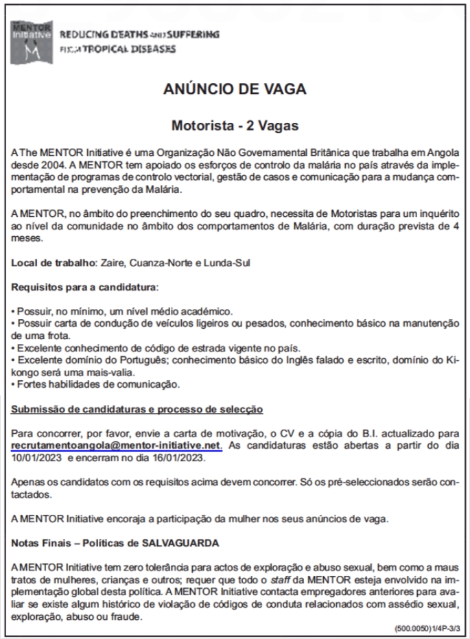 DUAS (2) VAGAS DISPONÍVEIS PARA MOTORISTAS 
