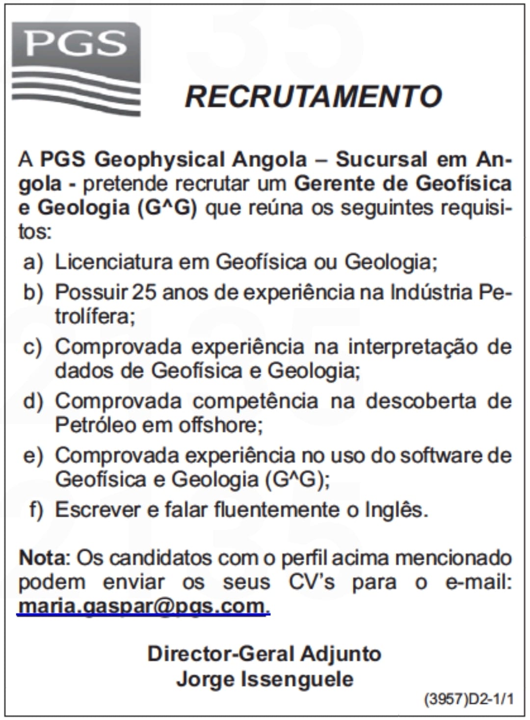 Vaga para Gerente de Geofisica e Geologia (G^G) 