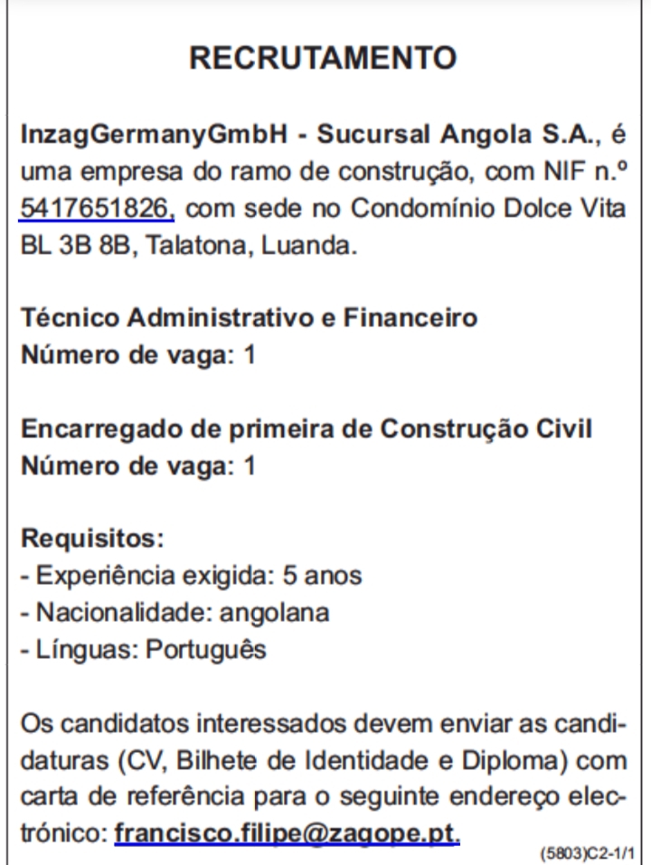 Duas(2) vagas de emprego abertas na InzagGermanyGmbH - Sucursal Angola S.A