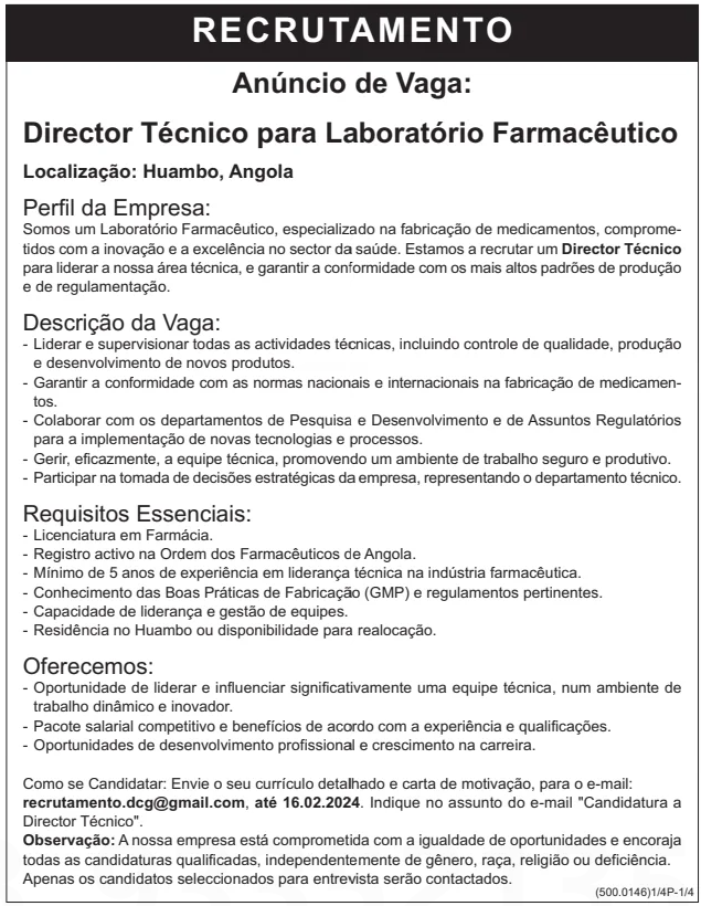 Vaga para Director Técnico para Laboratório Farmacêutico