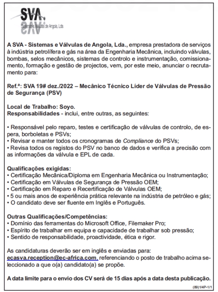 Vaga para Mecânico Técnico Lider de Válvulas de Pressão de Segurança (PSV) 