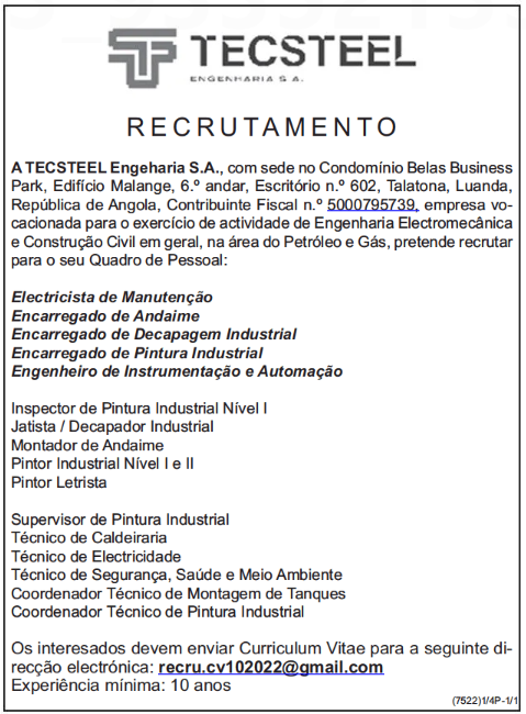 16 Vagas Disponíveis na TECSTEEL Engeharia S.A.