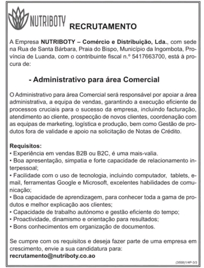Vaga para Administrativo para área Comercial 