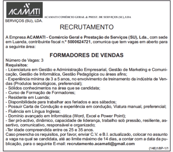 TRÊS (3) VAGAS DISPONÍVEIS PARA FORMADORES DE VENDAS